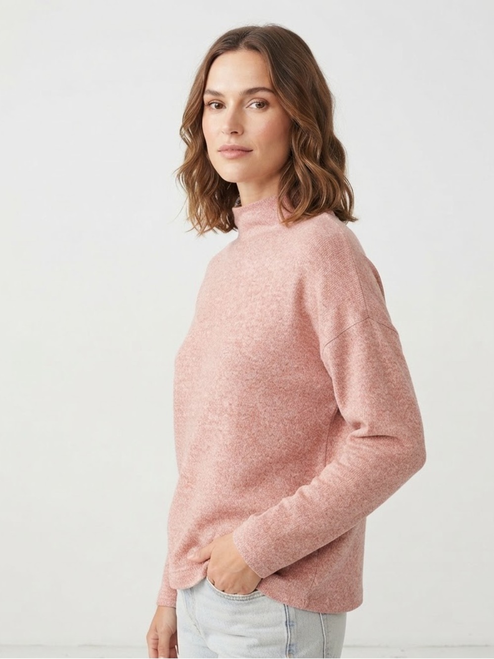 Uniqlo Heathered Rose Pink Mock Neck Long Sleeve Sweater Top Size Medium